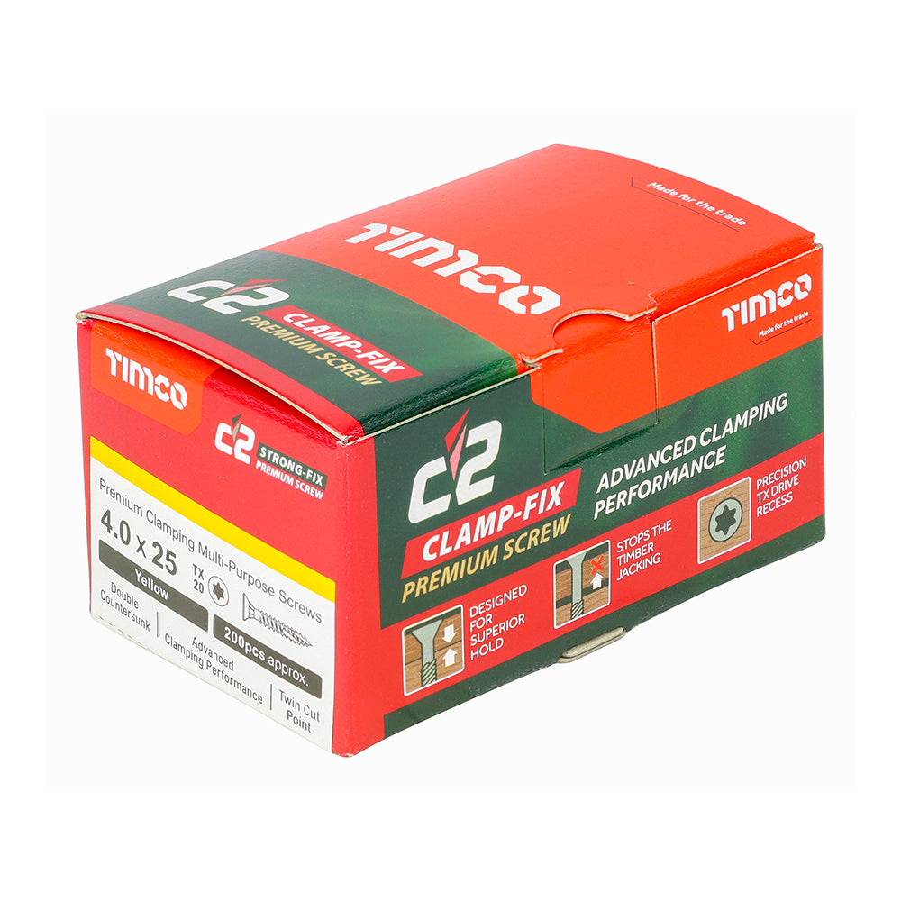 C2 Clamp-Fix - TX - Double Countersunk with Ribs - Twin-Cut - Yellow - 4.0mm x 25mm - 200 Pack