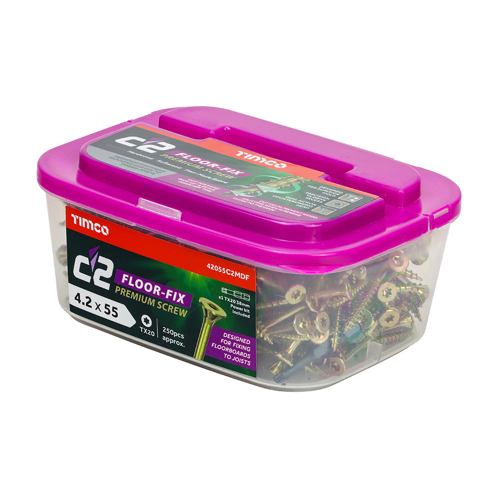 C2 Floor-Fix - TX - Double Countersunk with Ribs - Twin-Cut - Yellow - 4.2mm x 55mm - 250 Pack