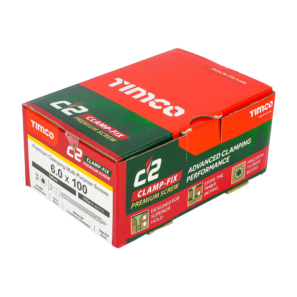 C2 Clamp-Fix - TX - Double Countersunk with Ribs - Twin-Cut - Yellow - 6.0mm x 100mm  - 100 Pack