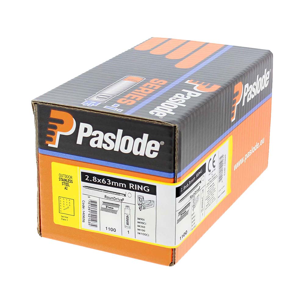 Paslode IM360Ci Nails & Fuel Cells Retail Pack - Ring Shank - Stainless Steel - 140626 - 2.8 x 63/1CFC - 1100 Box