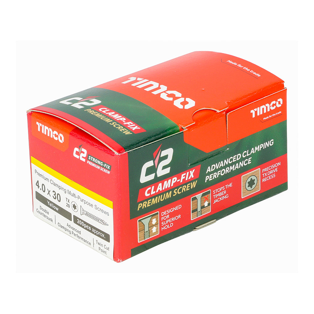 C2 Clamp-Fix - TX - Double Countersunk with Ribs - Twin-Cut - Yellow - 4.0mm x 30mm - 200 Pack