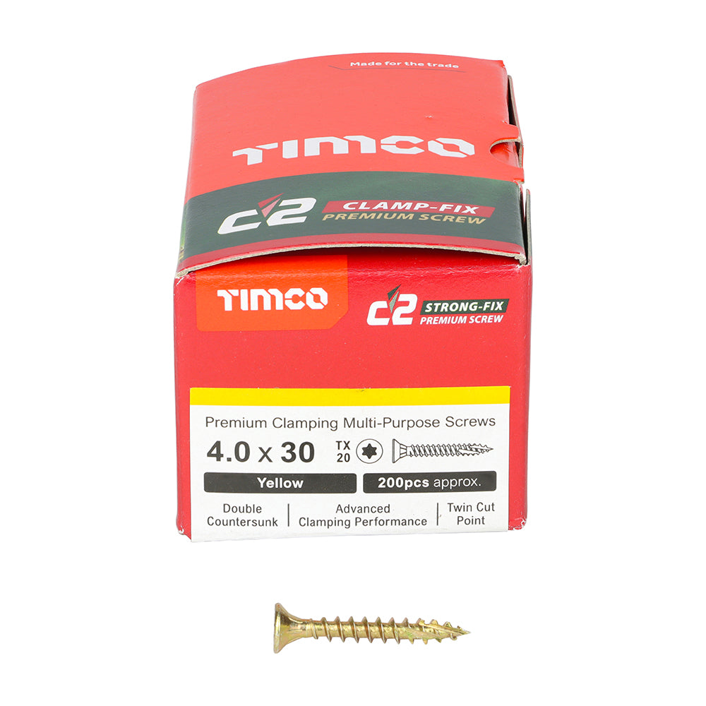 C2 Clamp-Fix - TX - Double Countersunk with Ribs - Twin-Cut - Yellow - 4.0mm x 30mm - 200 Pack