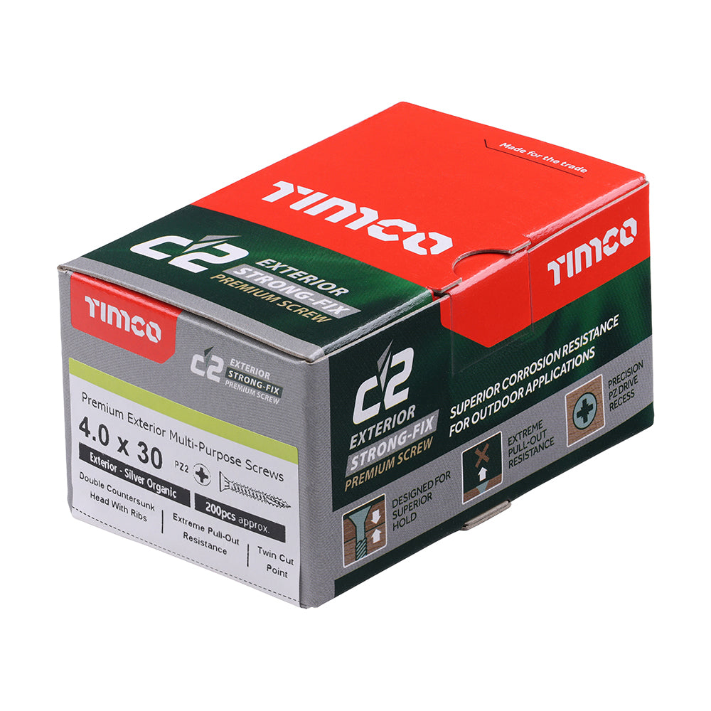 C2 Exterior Strong-Fix - PZ - Double Countersunk with Ribs - Twin-Cut - Silver - 4.0mm x 30mm - 200 Pack