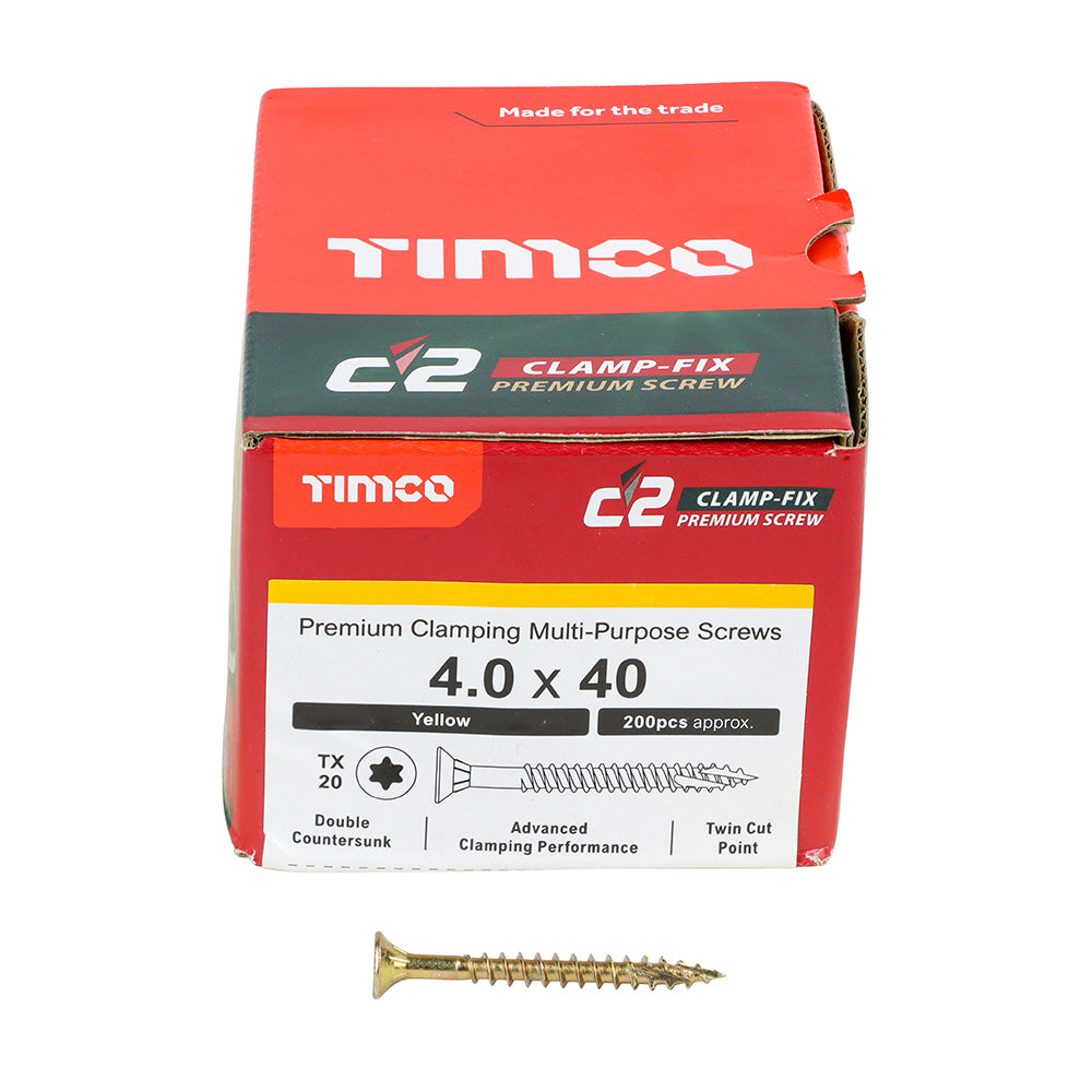 C2 Clamp-Fix - TX - Double Countersunk with Ribs - Twin-Cut - Yellow - 4.0mm x 40mm - 200 Pack
