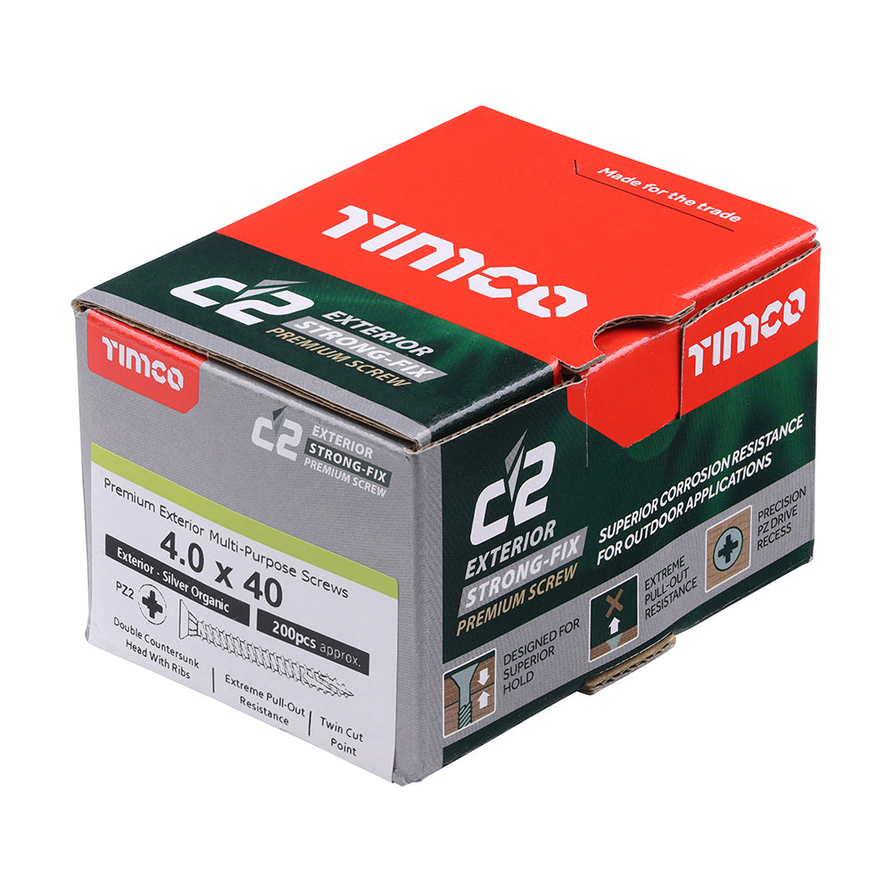 C2 Exterior Strong-Fix - PZ - Double Countersunk with Ribs - Twin-Cut - Silver - 4.0mm x 40mm - 200 Pack