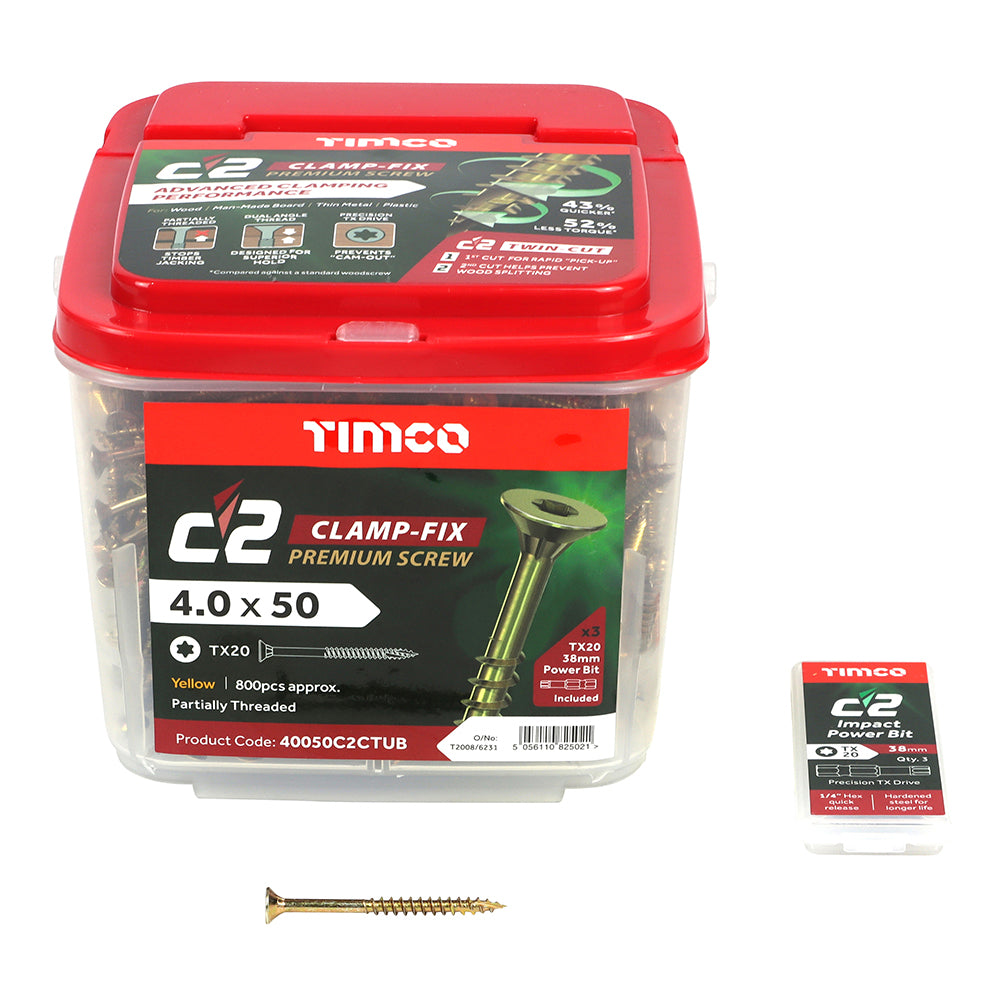 C2 Clamp-Fix - TX - Double Countersunk with Ribs - Twin-Cut - Yellow - 4.0mm x 50mm  - 800 Pack
