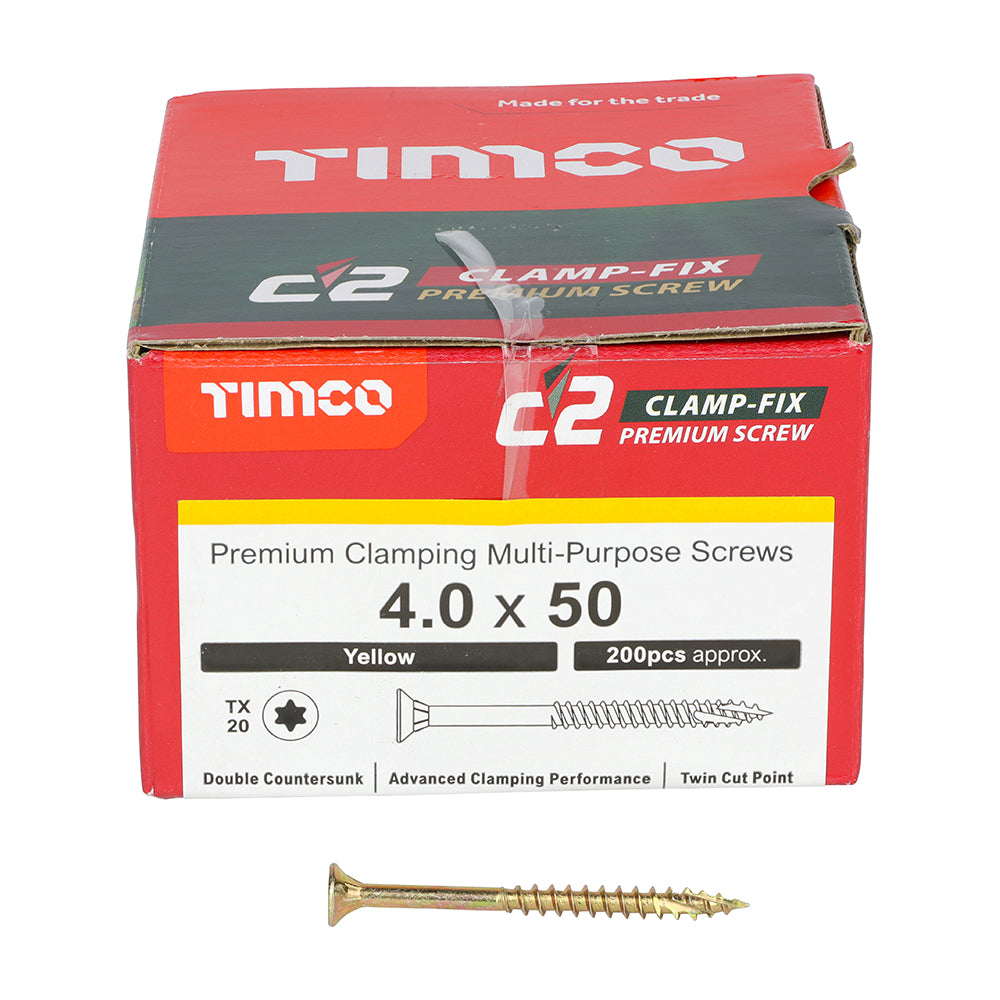 C2 Clamp-Fix - TX - Double Countersunk with Ribs - Twin-Cut - Yellow - 4.0mm x 50mm  - 200 Pack