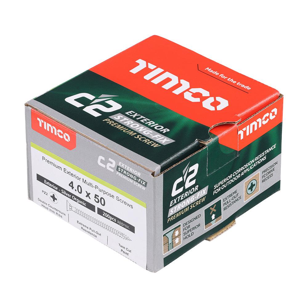 C2 Exterior Strong-Fix - PZ - Double Countersunk with Ribs - Twin-Cut - Silver - 4.0mm x 50mm - 200 Pack