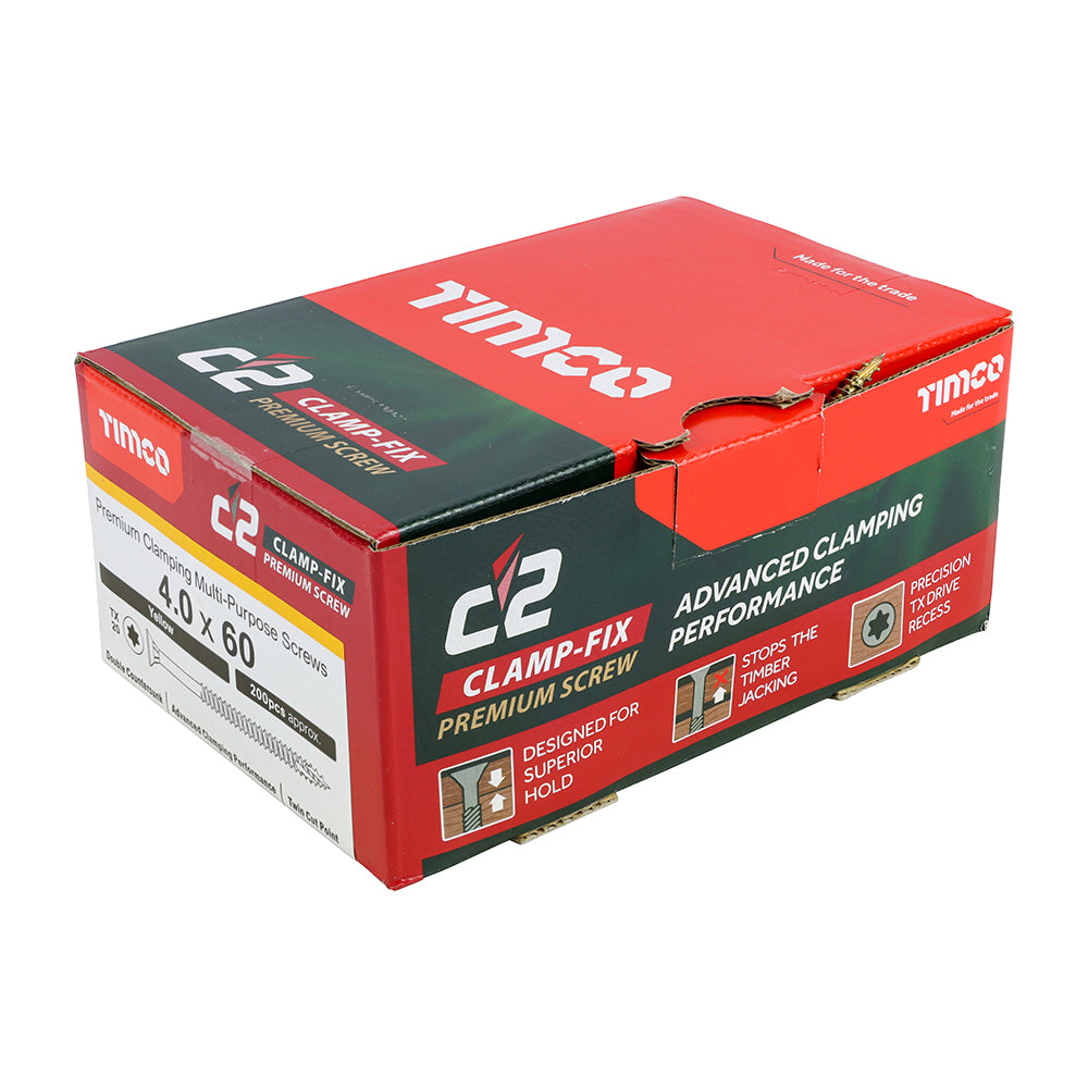 C2 Clamp-Fix - TX - Double Countersunk with Ribs - Twin-Cut - Yellow - 4.0mm x 60mm  - 200 Pack