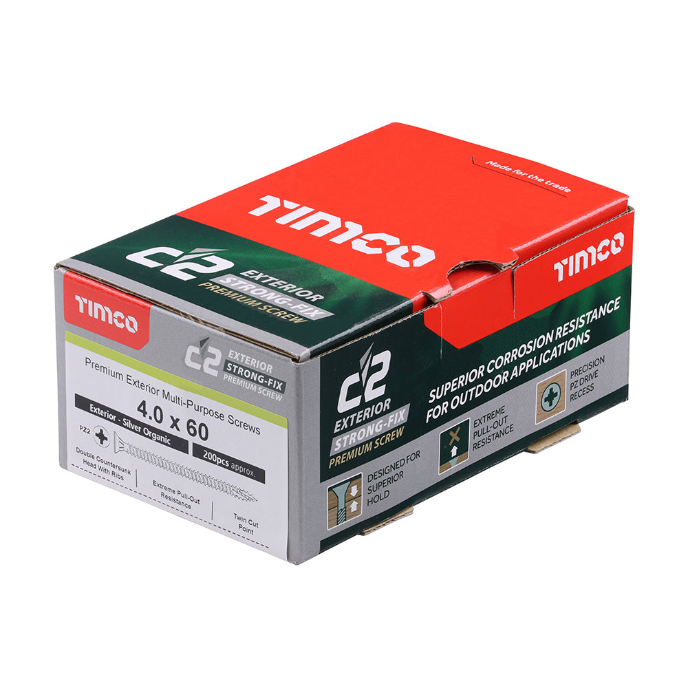 C2 Exterior Strong-Fix - PZ - Double Countersunk with Ribs - Twin-Cut - Silver - 4.0mm x 60mm - 200 Pack