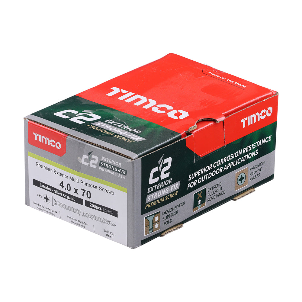 C2 Exterior Strong-Fix - PZ - Double Countersunk with Ribs - Twin-Cut - Silver - 4.0mm x 70mm - 200 Pack