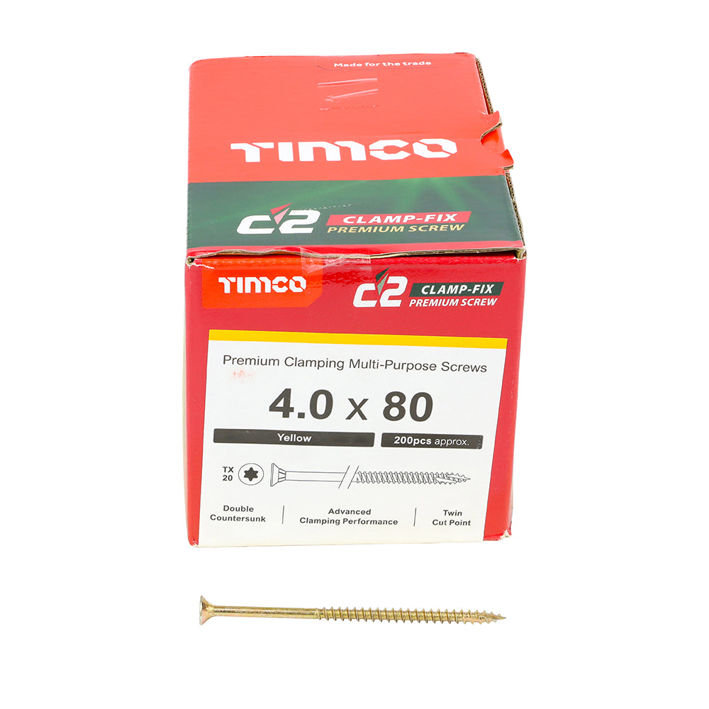 C2 Clamp-Fix - TX - Double Countersunk with Ribs - Twin-Cut - Yellow - 4.0mm x 80mm  - 200 Pack