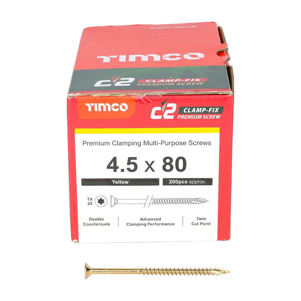 C2 Clamp-Fix - TX - Double Countersunk with Ribs - Twin-Cut - Yellow - 4.5mm x 80mm  - 200 Pack