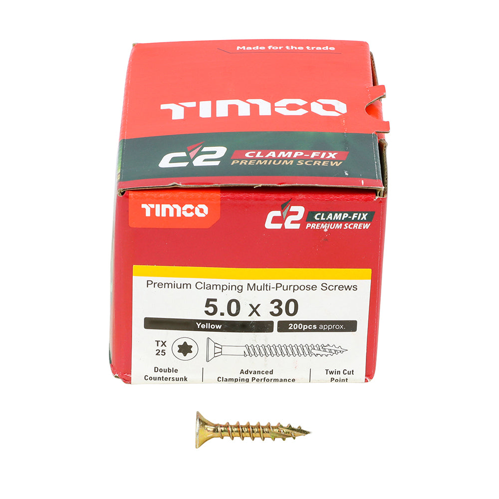 C2 Clamp-Fix - TX - Double Countersunk with Ribs - Twin-Cut - Yellow - 5.0mm x 30mm  - 200 Pack