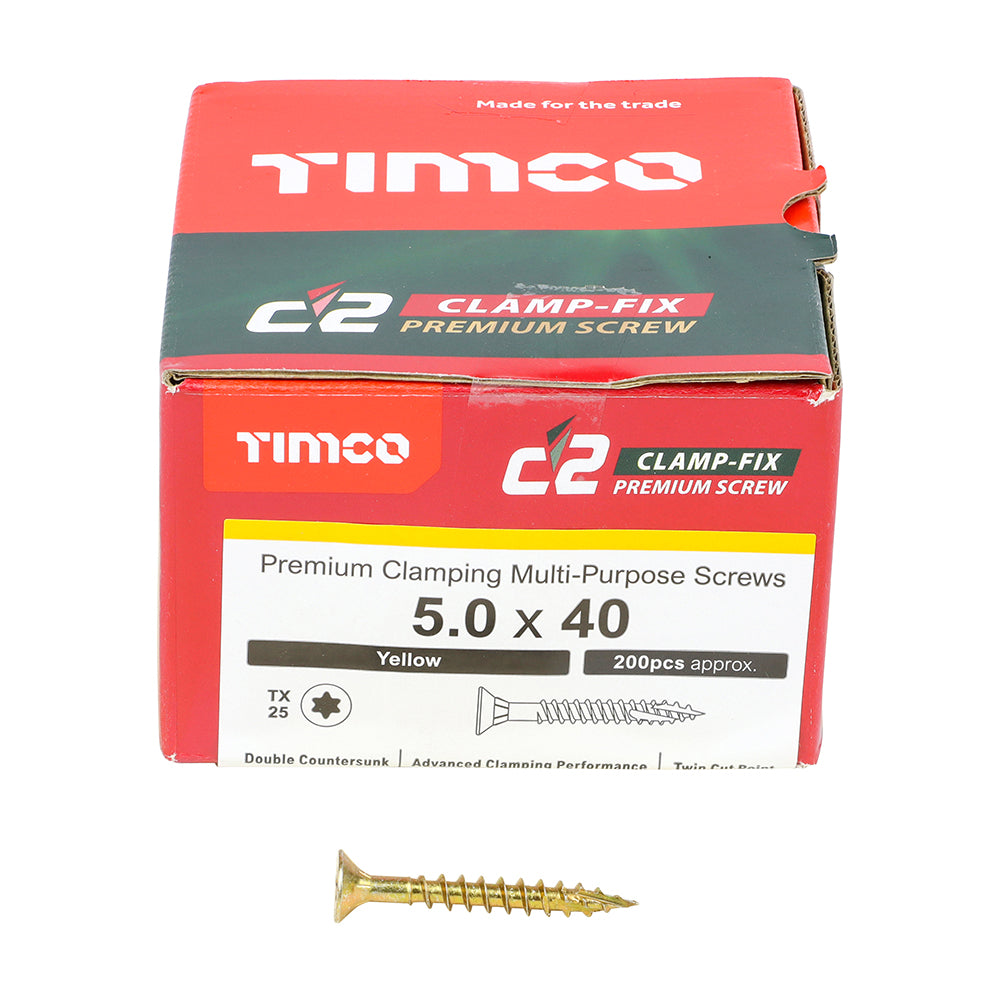 C2 Clamp-Fix - TX - Double Countersunk with Ribs - Twin-Cut - Yellow - 5.0mm x 40mm  - 200 Pack