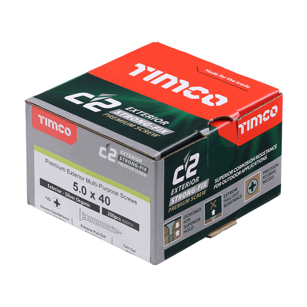 C2 Exterior Strong-Fix - PZ - Double Countersunk with Ribs - Twin-Cut - Silver - 5.0mm x 40mm - 200 Pack