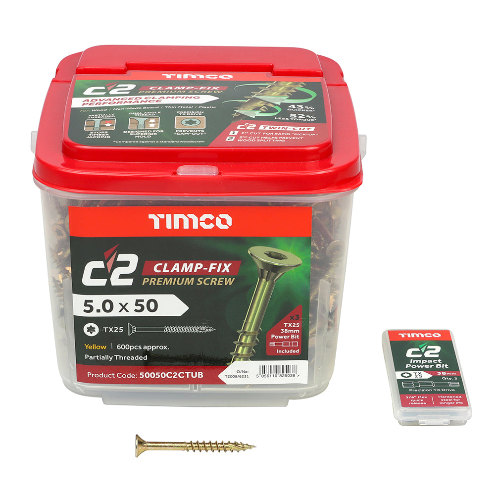 C2 Clamp-Fix - TX - Double Countersunk with Ribs - Twin-Cut - Yellow - 5.0mm x 50mm  - 600 Pack