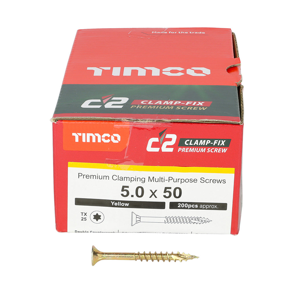 C2 Clamp-Fix - TX - Double Countersunk with Ribs - Twin-Cut - Yellow - 5.0mm x 50mm  - 200 Pack