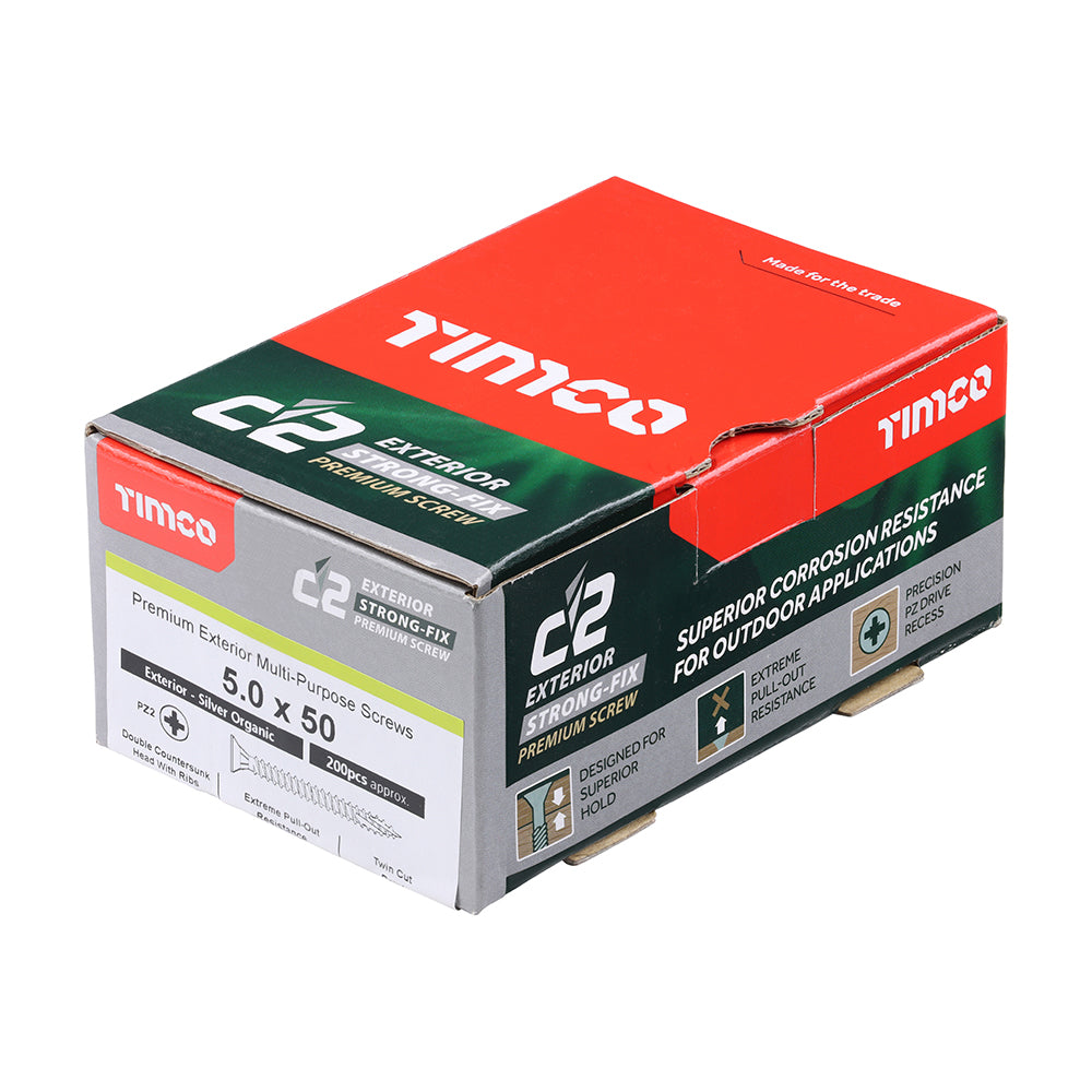 C2 Exterior Strong-Fix - PZ - Double Countersunk with Ribs - Twin-Cut - Silver - 5.0mm x 50mm - 200 Pack