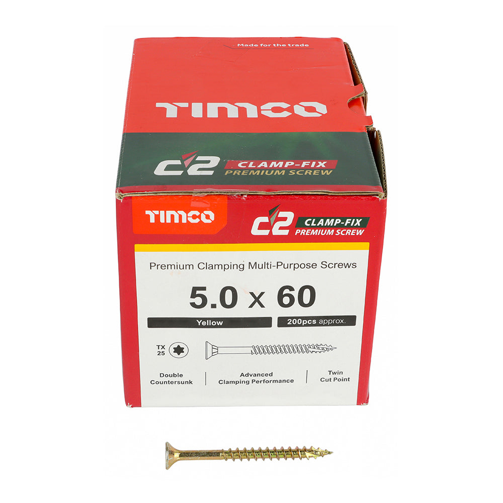 C2 Clamp-Fix - TX - Double Countersunk with Ribs - Twin-Cut - Yellow - 5.0mm x 60mm - 200 Pack