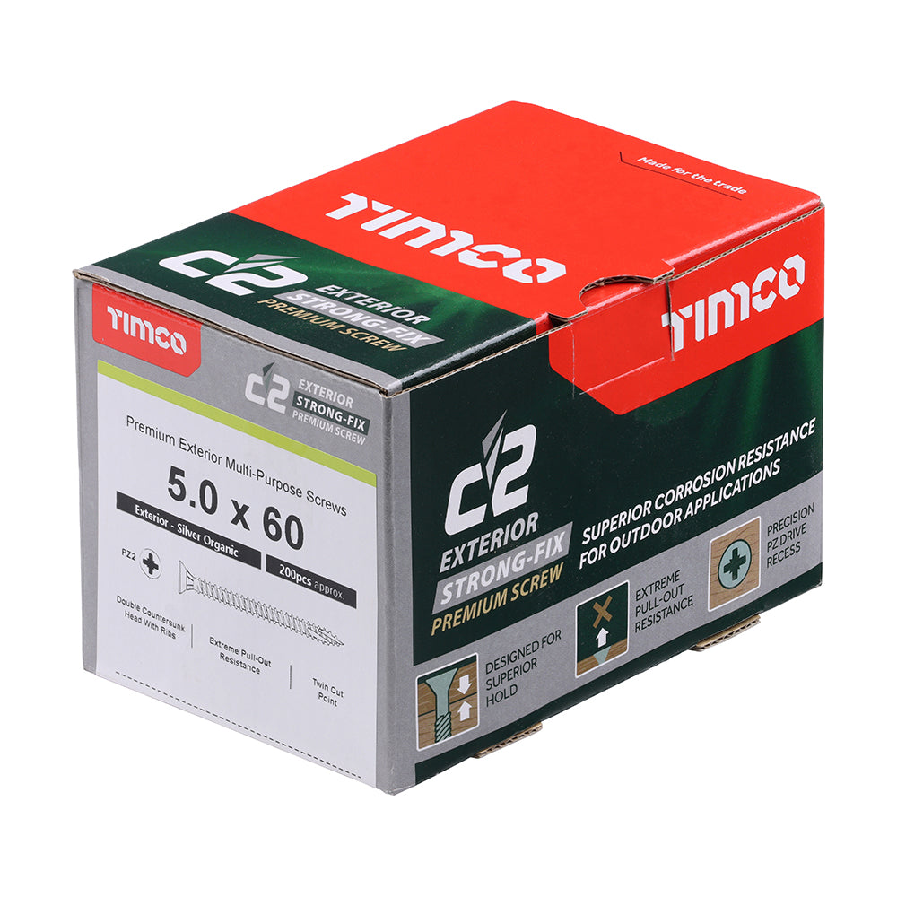 C2 Exterior Strong-Fix - PZ - Double Countersunk with Ribs - Twin-Cut - Silver -  5.0mm x 60mm - 200 Pack