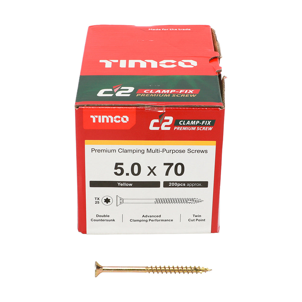 C2 Clamp-Fix - TX - Double Countersunk with Ribs - Twin-Cut - Yellow - 5.0mm x 70mm  - 200 Pack