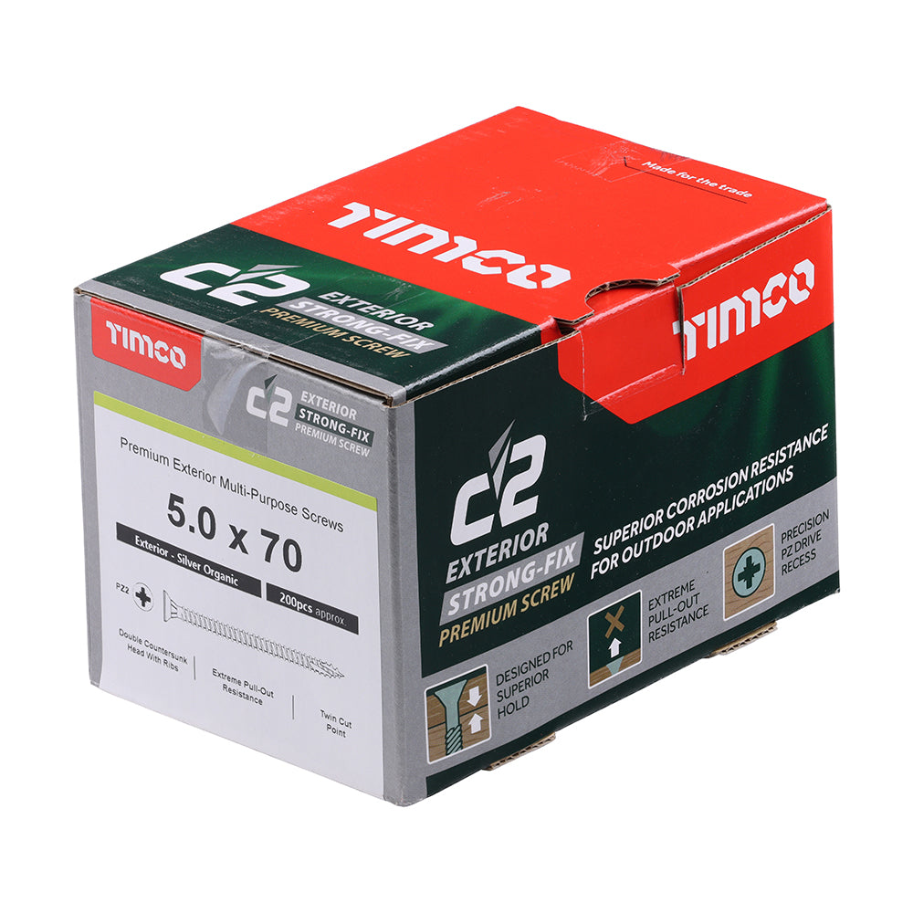 C2 Exterior Strong-Fix - PZ - Double Countersunk with Ribs - Twin-Cut - Silver - 5.0mm x 70mm - 200 Pack
