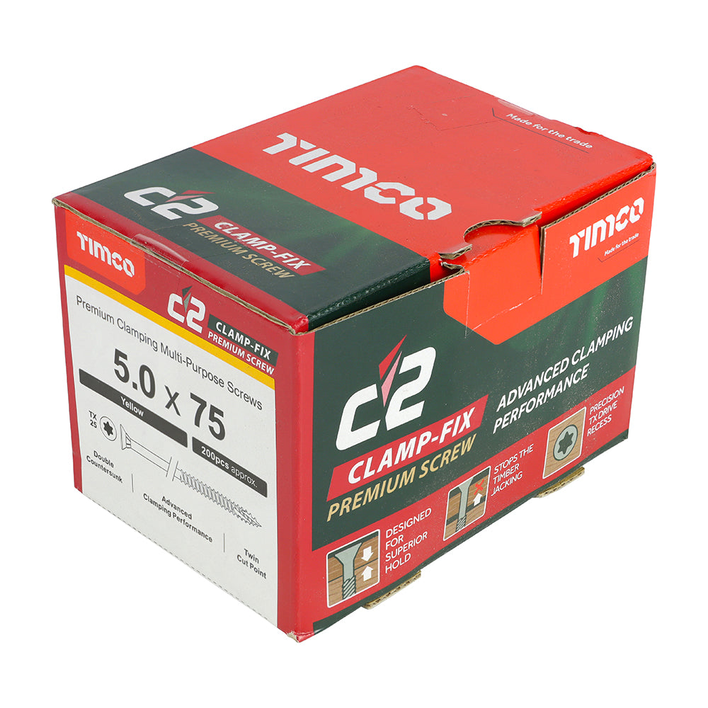 C2 Clamp-Fix - TX - Double Countersunk with Ribs - Twin-Cut - Yellow - 5.0mm x 75mm  - 200 Pack