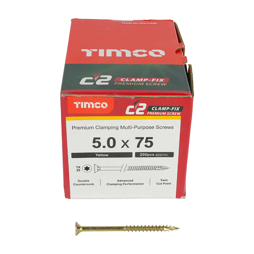 C2 Clamp-Fix - TX - Double Countersunk with Ribs - Twin-Cut - Yellow - 5.0mm x 75mm  - 200 Pack