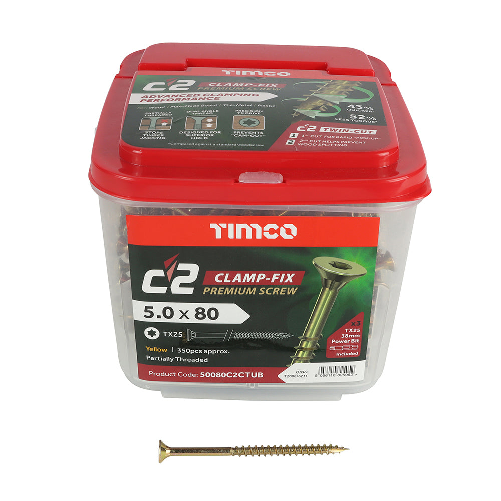 C2 Clamp-Fix - TX - Double Countersunk with Ribs - Twin-Cut - Yellow - 5.0mm x 80mm  - 350 Pack
