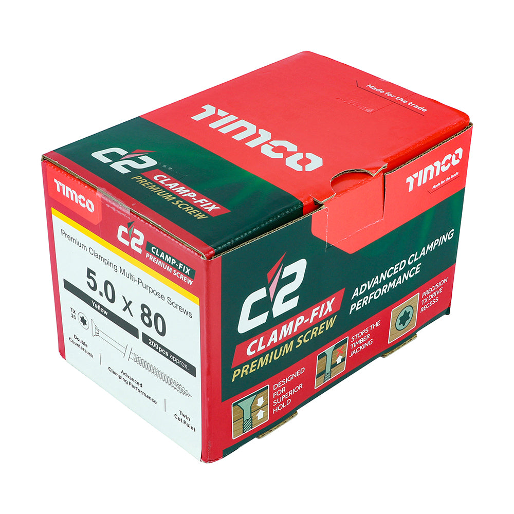 C2 Clamp-Fix - TX - Double Countersunk with Ribs - Twin-Cut - Yellow - 5.0mm x 80mm  - 200 Pack