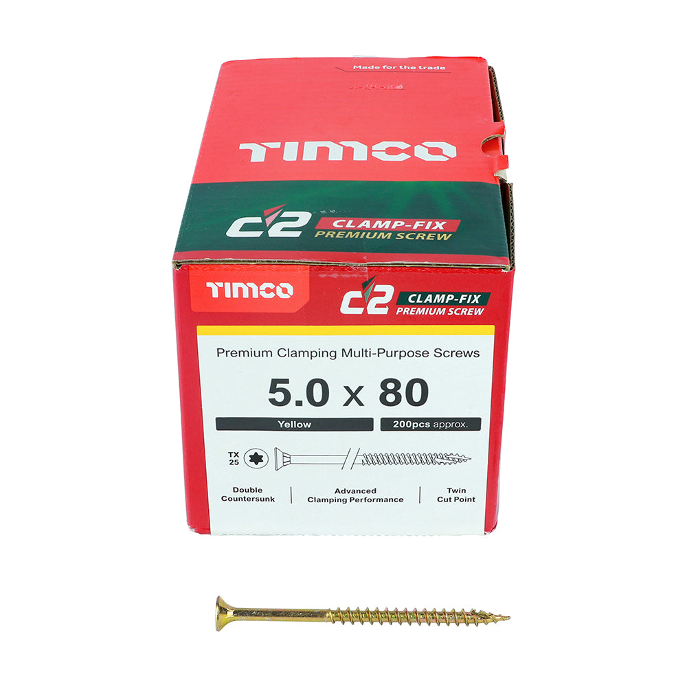 C2 Clamp-Fix - TX - Double Countersunk with Ribs - Twin-Cut - Yellow - 5.0mm x 80mm  - 200 Pack