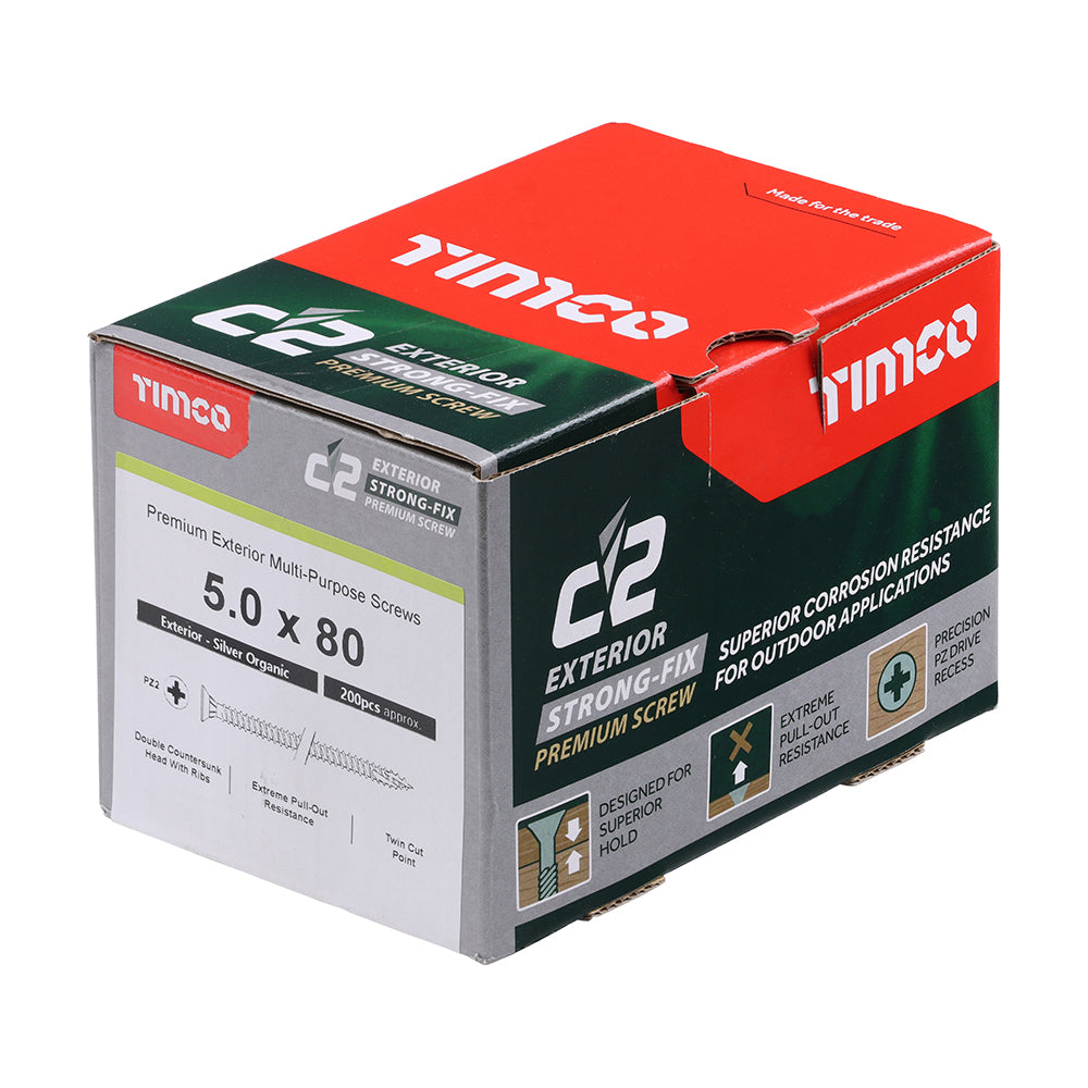 C2 Exterior Strong-Fix - PZ - Double Countersunk with Ribs - Twin-Cut - Silver - 5.0mm x 80mm - 200 Pack