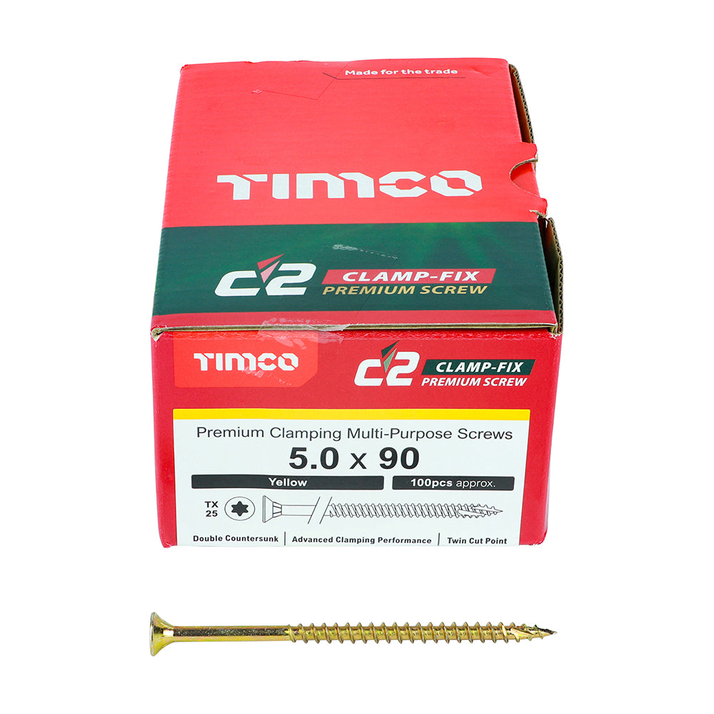 C2 Clamp-Fix - TX - Double Countersunk with Ribs - Twin-Cut - Yellow - 5.0mm x 90mm  - 100 Pack