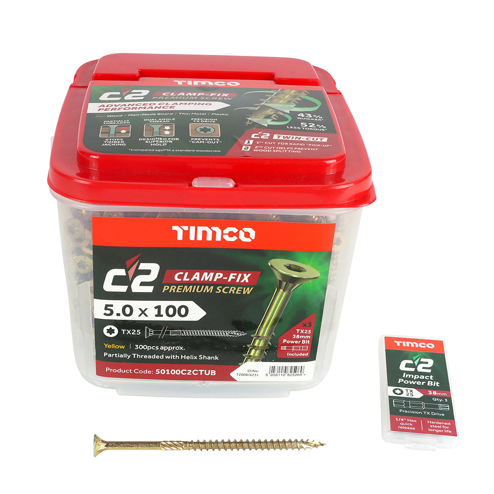 C2 Clamp-Fix - TX - Double Countersunk with Ribs - Twin-Cut - Yellow - 5.0mm x 100mm  - 300 Pack