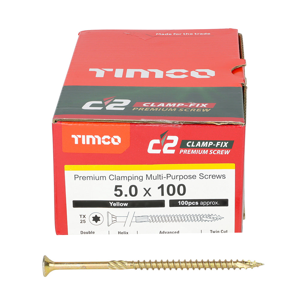 C2 Clamp-Fix - TX - Double Countersunk with Ribs - Twin-Cut - Yellow - 5.0mm x 100mm  - 100 Pack