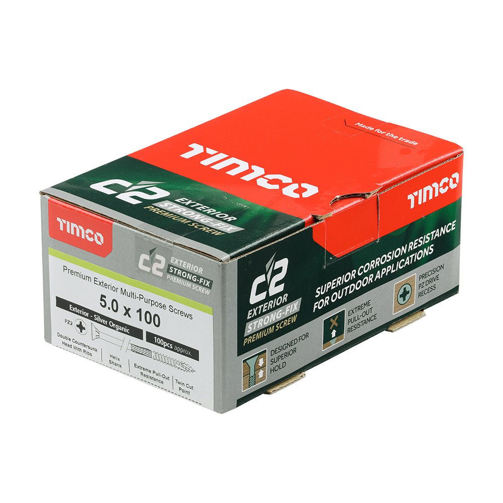 C2 Exterior Strong-Fix - PZ - Double Countersunk with Ribs - Twin-Cut - Silver - 5.0mm x 100mm - 100 Pack