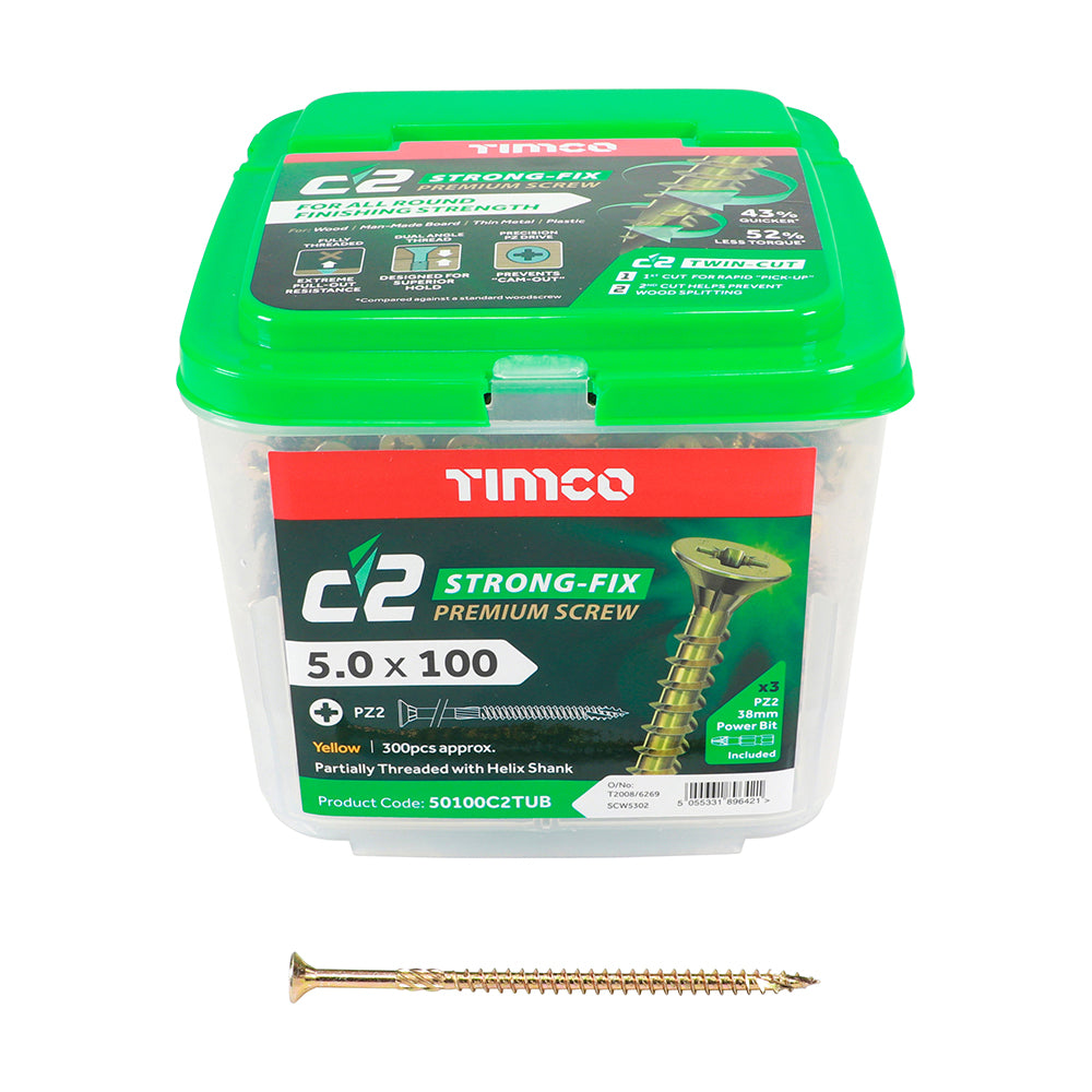 C2 Strong-Fix - PZ - Double Countersunk - Twin-Cut - Yellow- 5.0mm x 100mm - 300 Pack