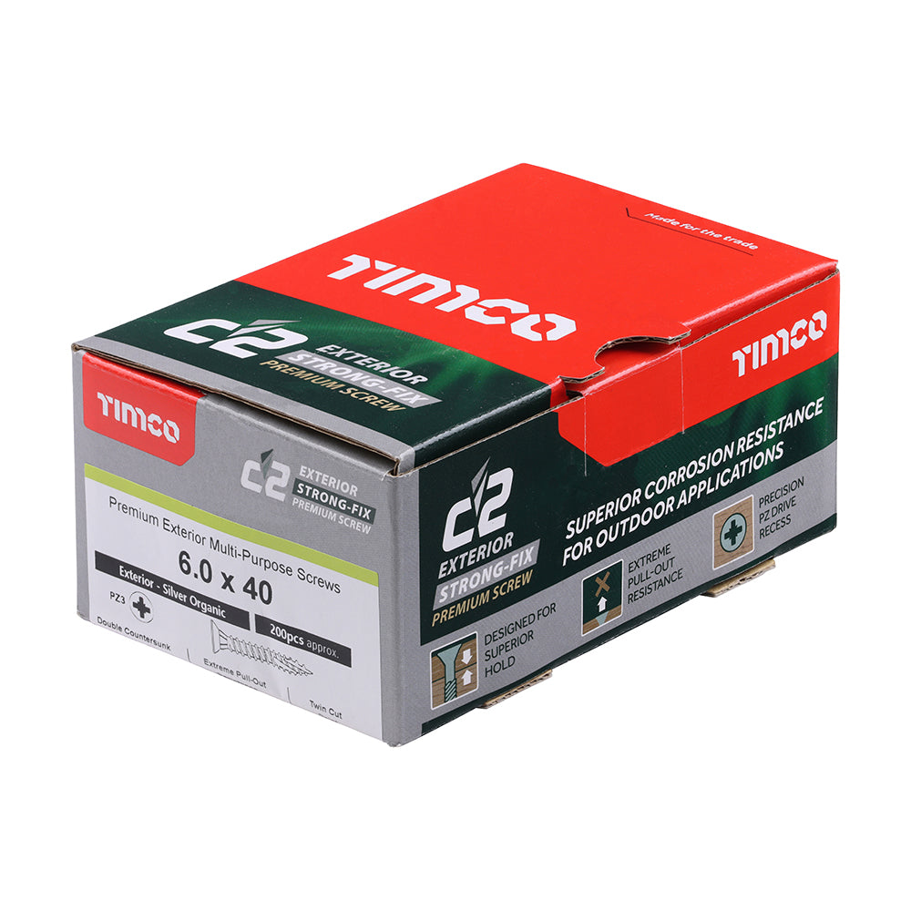 C2 Exterior Strong-Fix - PZ - Double Countersunk with Ribs - Twin-Cut - Silver - 6.0mm x 40mm - 200 Pack