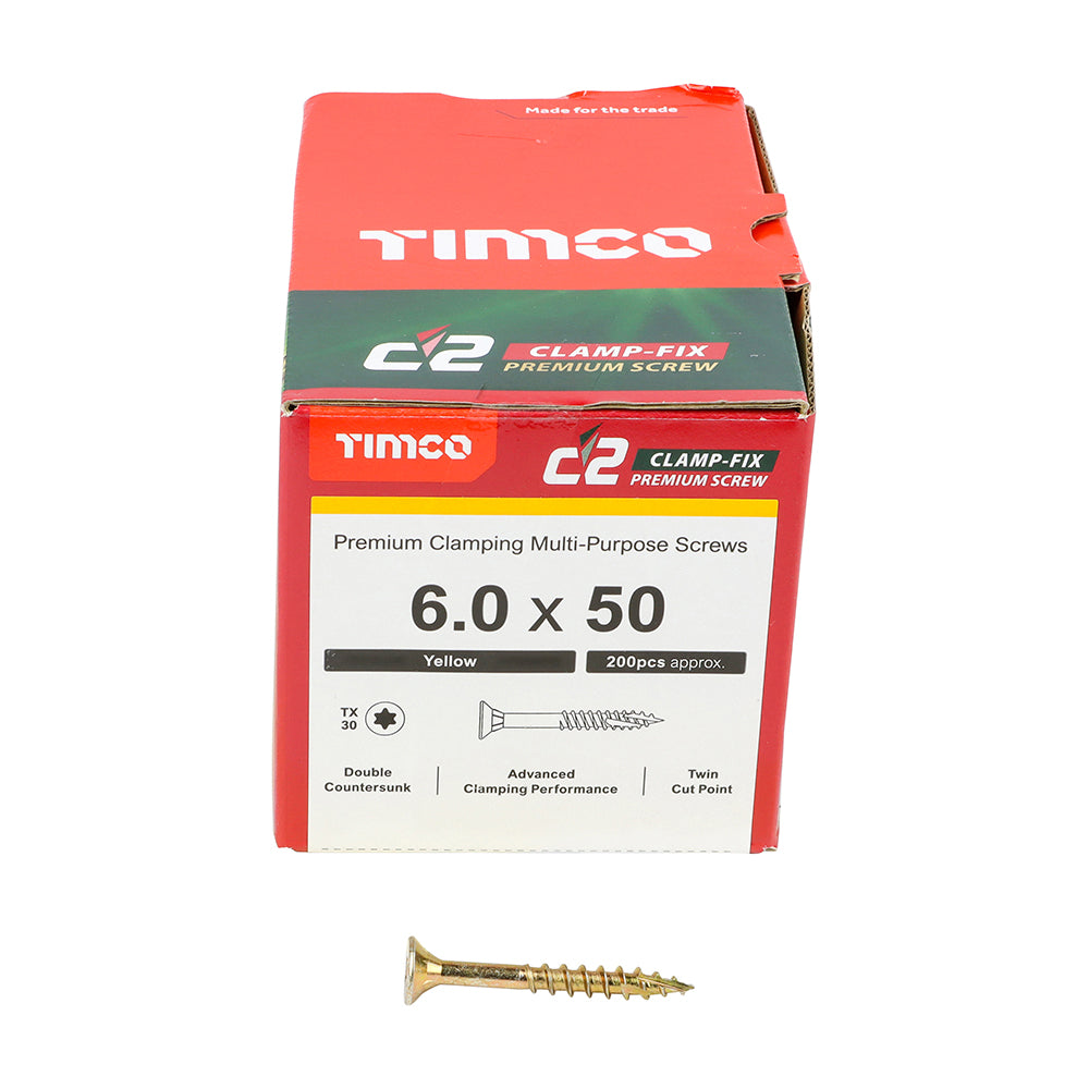 C2 Clamp-Fix - TX - Double Countersunk with Ribs - Twin-Cut - Yellow - 6.0mm x 50mm  - 200 Pack