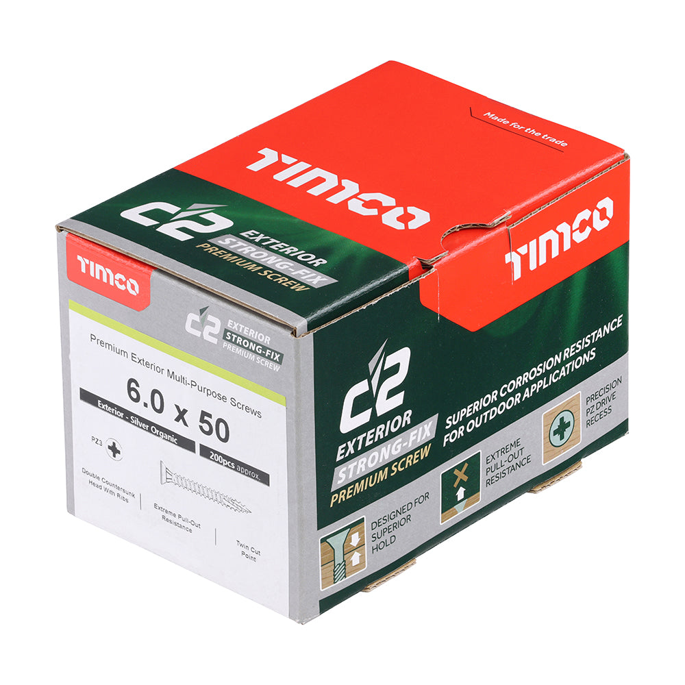 C2 Exterior Strong-Fix - PZ - Double Countersunk with Ribs - Twin-Cut - Silver - 6.0mm x 50mm - 200 Pack