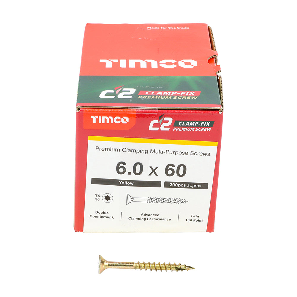 C2 Clamp-Fix - TX - Double Countersunk with Ribs - Twin-Cut - Yellow - 6.0mm x 60mm  - 200 Pack