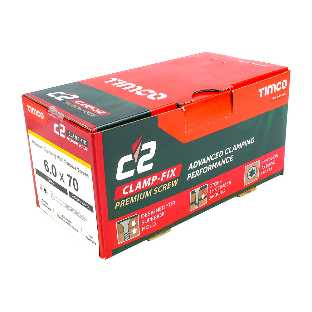 C2 Clamp-Fix - TX - Double Countersunk with Ribs - Twin-Cut - Yellow - 6.0mm x 70mm  - 200 Pack
