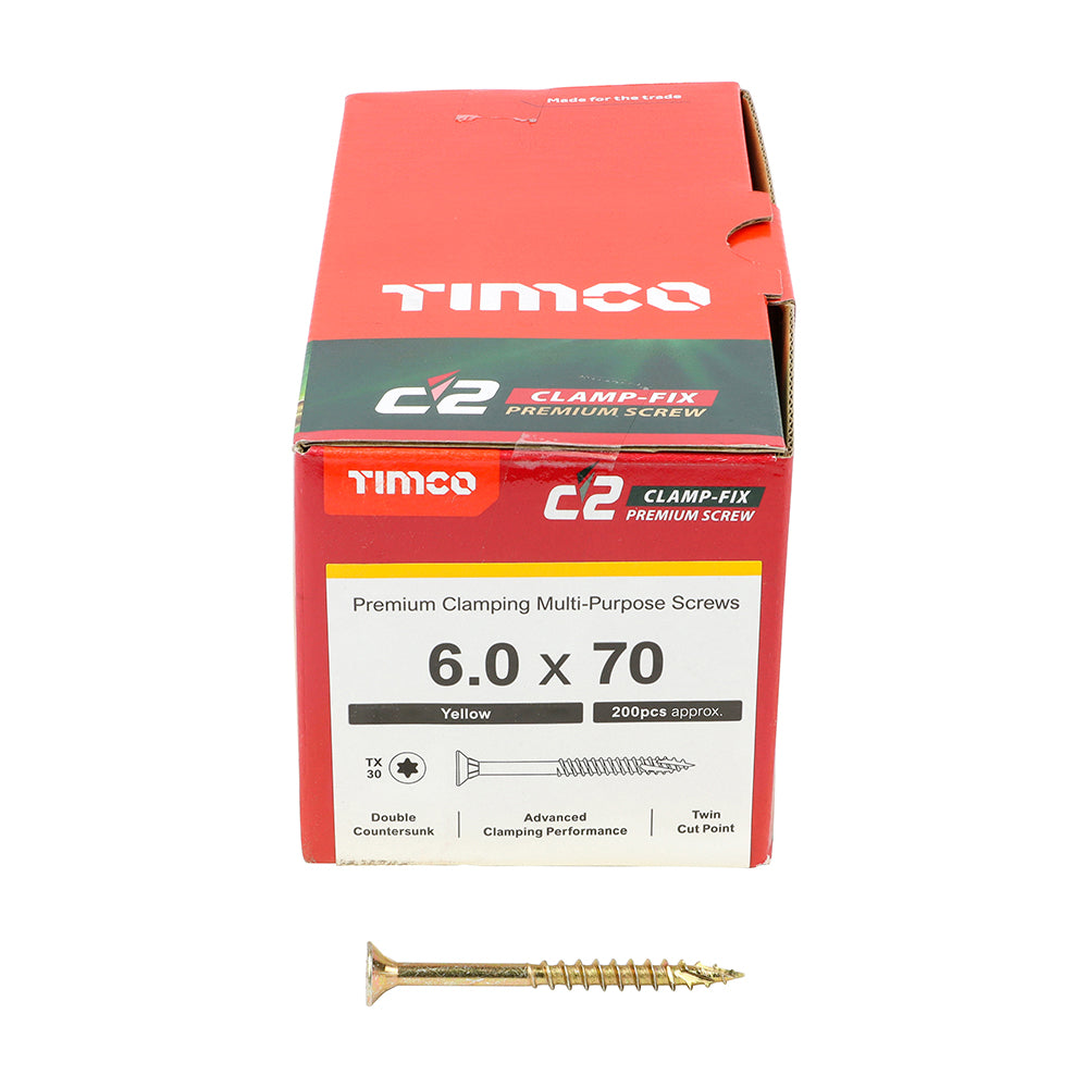 C2 Clamp-Fix - TX - Double Countersunk with Ribs - Twin-Cut - Yellow - 6.0mm x 70mm  - 200 Pack