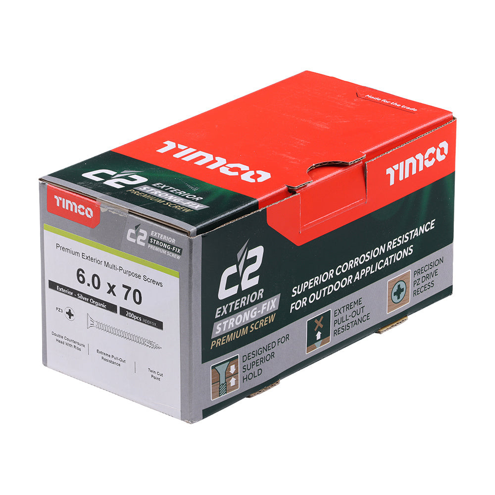 C2 Exterior Strong-Fix - PZ - Double Countersunk with Ribs - Twin-Cut - Silver - 6.0mm x 70mm - 200 Pack
