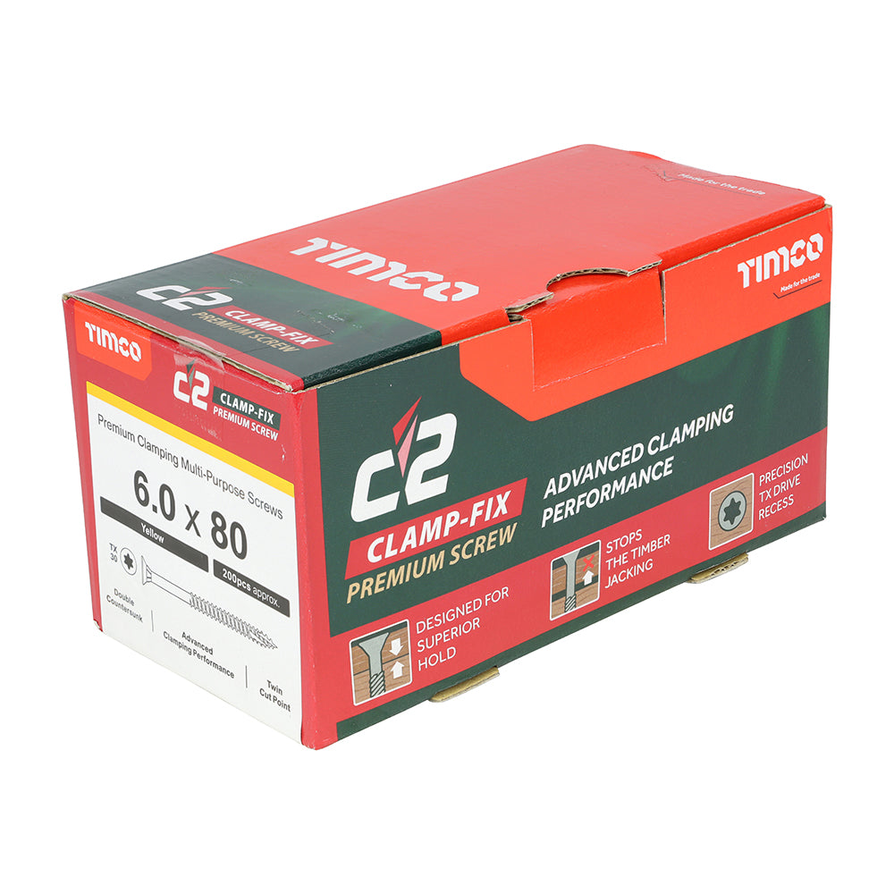 C2 Clamp-Fix - TX - Double Countersunk with Ribs - Twin-Cut - Yellow - 6.0mm x 80mm  - 200 Pack