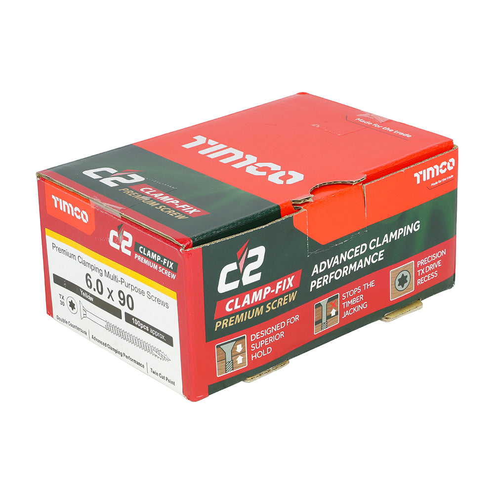 C2 Clamp-Fix - TX - Double Countersunk with Ribs - Twin-Cut - Yellow - 6.0mm x 90mm  - 100 Pack