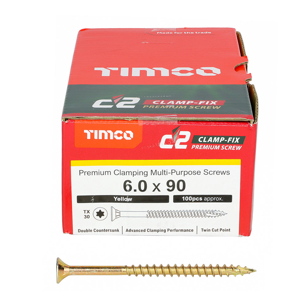 C2 Clamp-Fix - TX - Double Countersunk with Ribs - Twin-Cut - Yellow - 6.0mm x 90mm  - 100 Pack