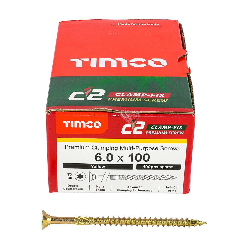 C2 Clamp-Fix - TX - Double Countersunk with Ribs - Twin-Cut - Yellow - 6.0mm x 100mm  - 100 Pack