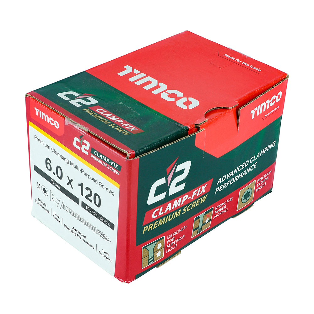 C2 Clamp-Fix - TX - Double Countersunk with Ribs - Twin-Cut - Yellow - 6.0mm x 120mm  - 100 Pack